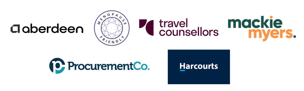 Logos of featured organisations in WorkLife Business News February 2026 Diversity, Equity and Inclusion edition, including Aberdeen, Travel Counsellors and Harcourts.