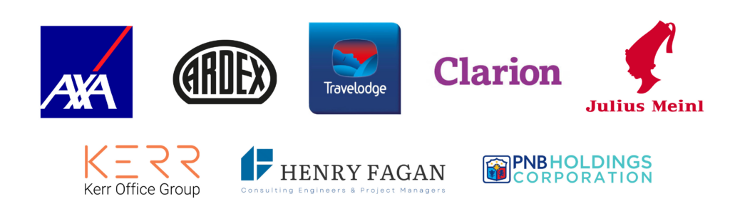 A collection of corporate logos for organizations featured in the March 2026 edition of WorkLife Business News. The logos include AXA, ARDEX, Travelodge, Clarion, Julius Meinl, Kerr Office Group, Henry Fagan Consulting Engineers & Project Managers, and PNB Holdings Corporation