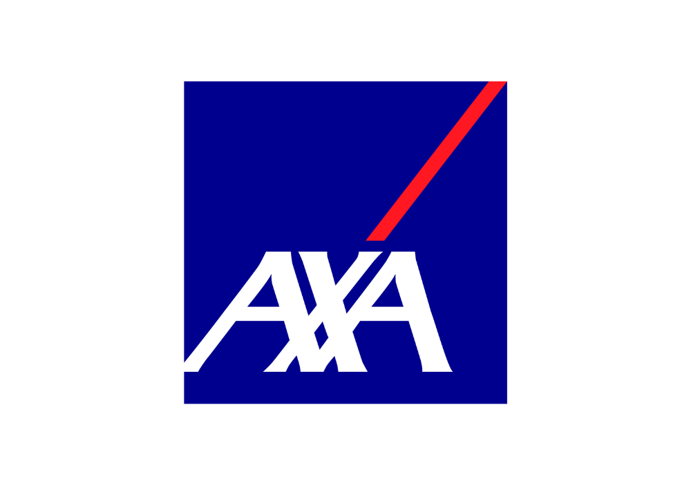 AXA corporate logo featuring the white "AXA" wordmark inside a blue square with a diagonal red slash in the top right corner, centered on a white background.