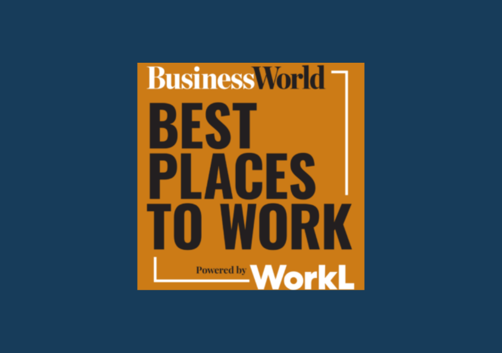 Promotional tile for BusinessWorld Best Places to Work, Powered by WorkL, featuring white and black text on a gold and navy blue background.