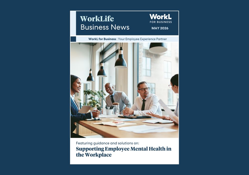 The May 2026 cover of WorkLife Business News magazine, formatted as a horizontal digital tile centered inside a wide, dark blue border.