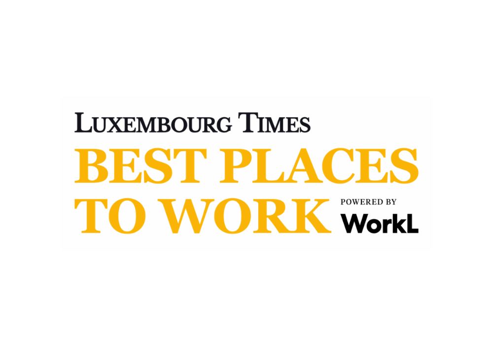 Logo for Luxembourg Times Best Places to Work, powered by WorkL, featuring black and gold text on a white background.
